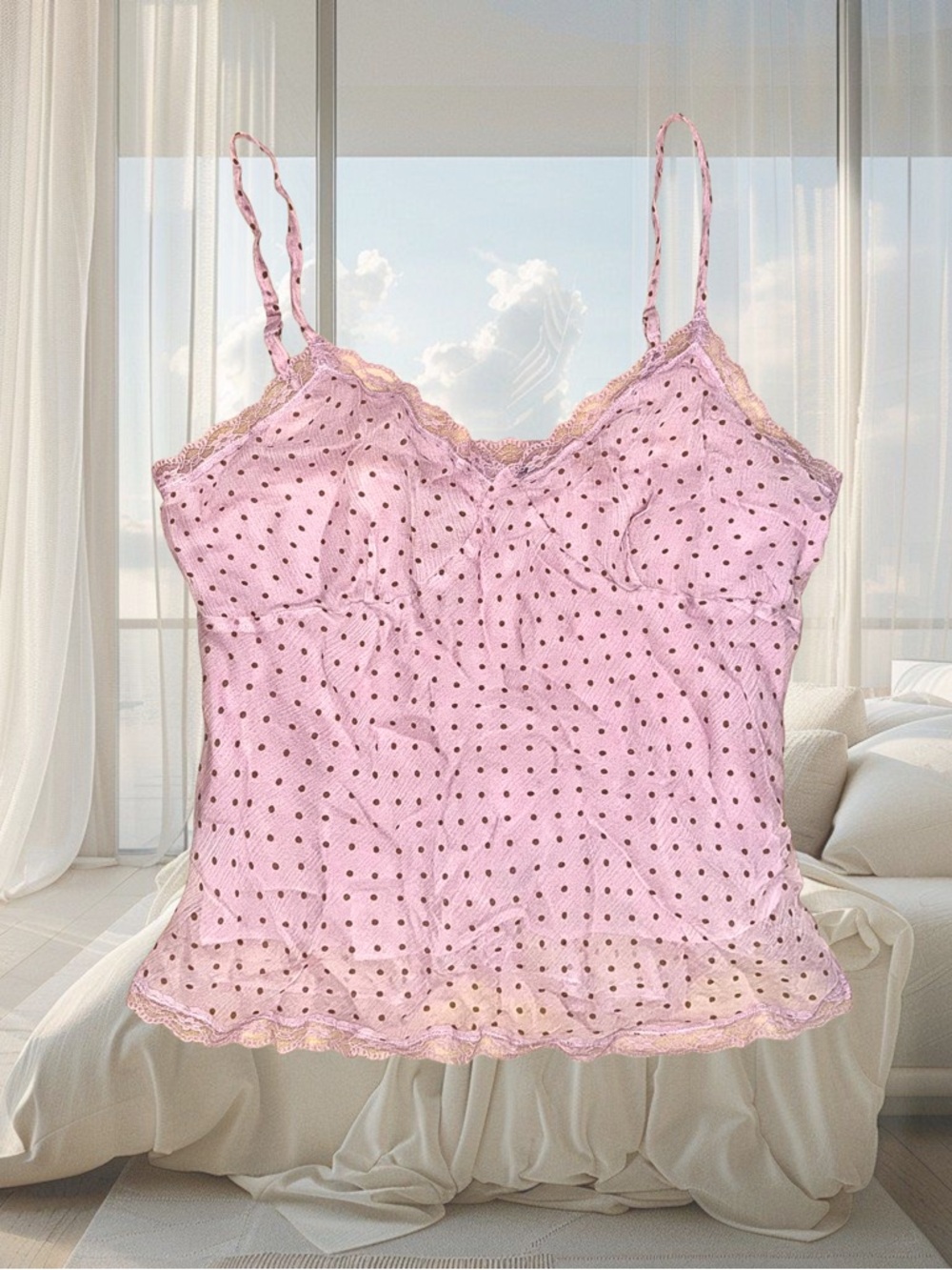 Vintage Y2K 90s Cottage Coquette Ballet  
Pink Brown Polka Dot Lace Cami Top